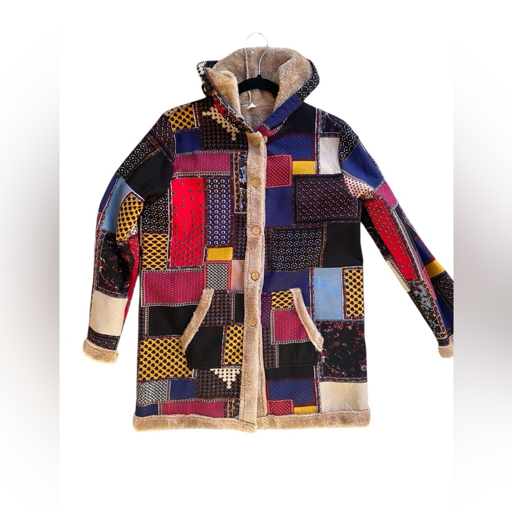 Women’s Multicolored Patchwork Fleece Lined Hooded Jacket Buttons/ Pockets L